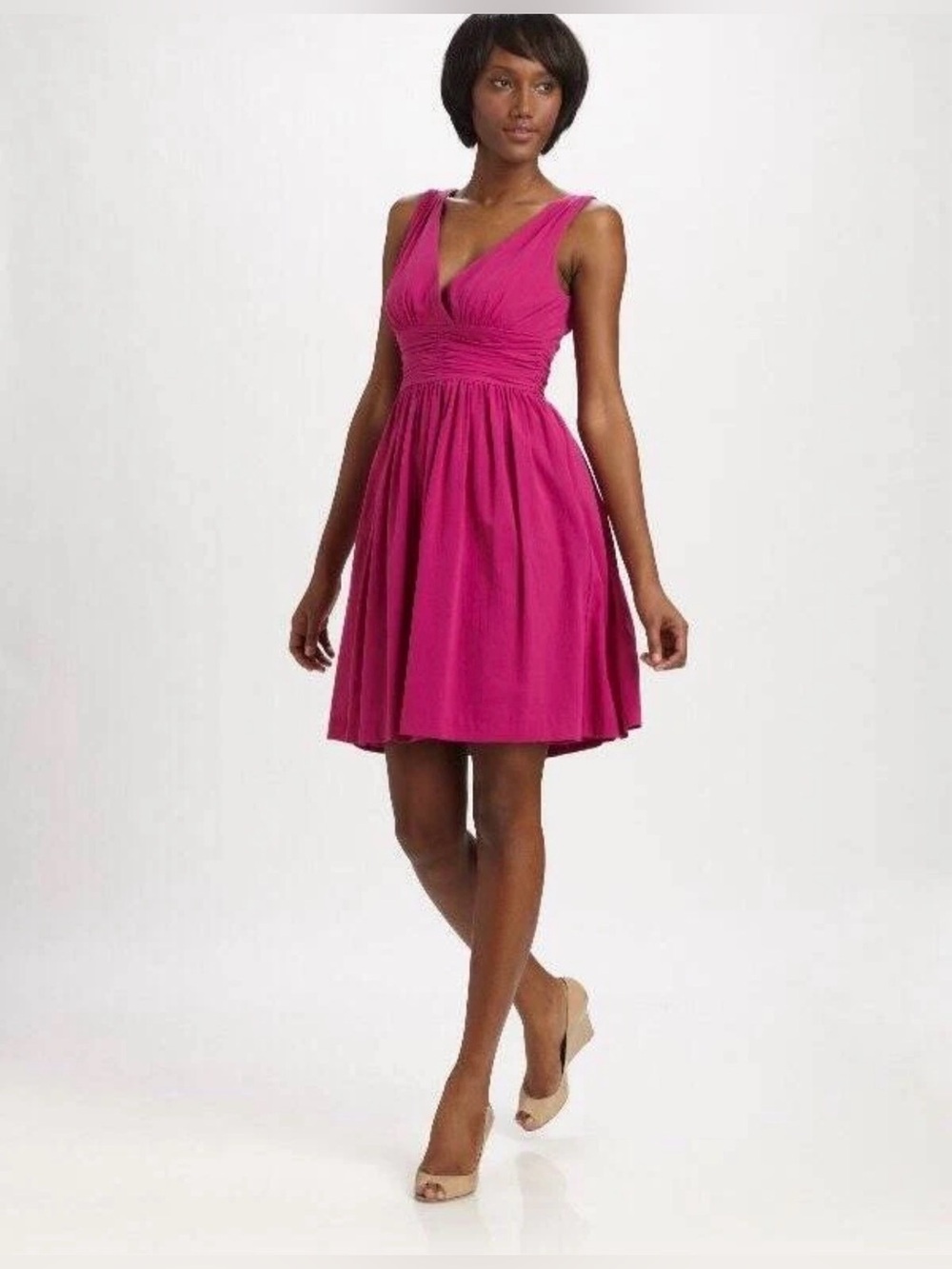 New Trina Turk Reina Pink Size 8 Fit & Flare V-Neck Fuchsia 100% Cotton Summer